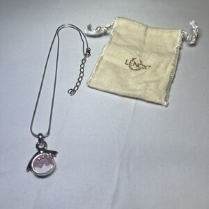 Lenox 925 Sterling Silver Floating Glass‎ Breast Cancer Bow Necklace Pink Rare